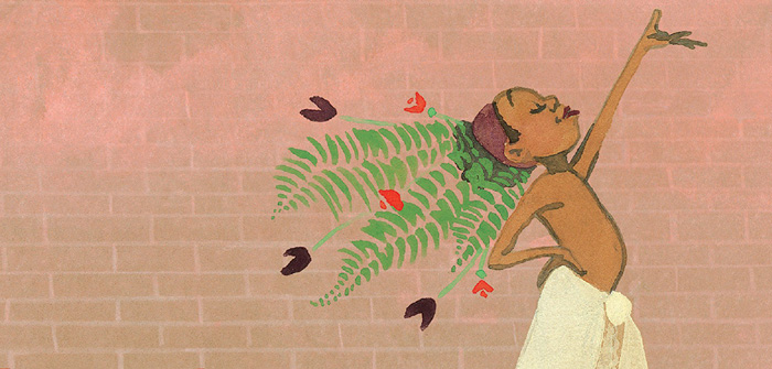 Image is part of an illustration, showing a black child wearing a headdress made of ferns and a town tied around their waist, with a hand in the air, smiling.