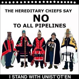 A drawing of the hereditary chiefs, with text that says "The hereditary chiefs say NO to all pipelines".